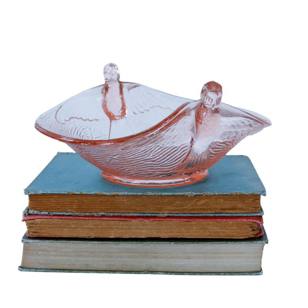 VTG 30s Fenton Dugan Depression Glass Pink Bird Bowl Cottage Art Deco Granny